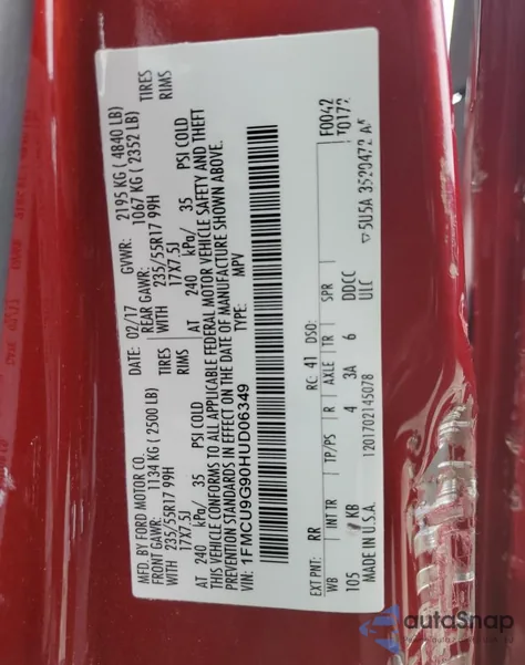 2017 Ford Escape Se from USA, damaged, VIN 1FMCU9G90HUD06349